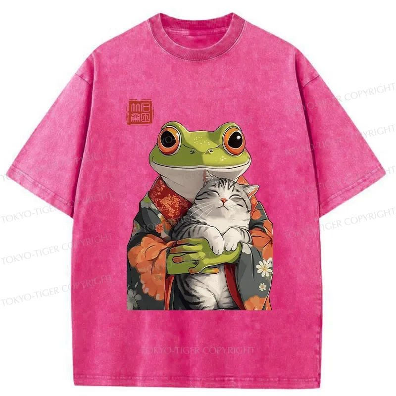 Tokyo-Tiger Frog Holding A Cute Cat Washed T-Shirt