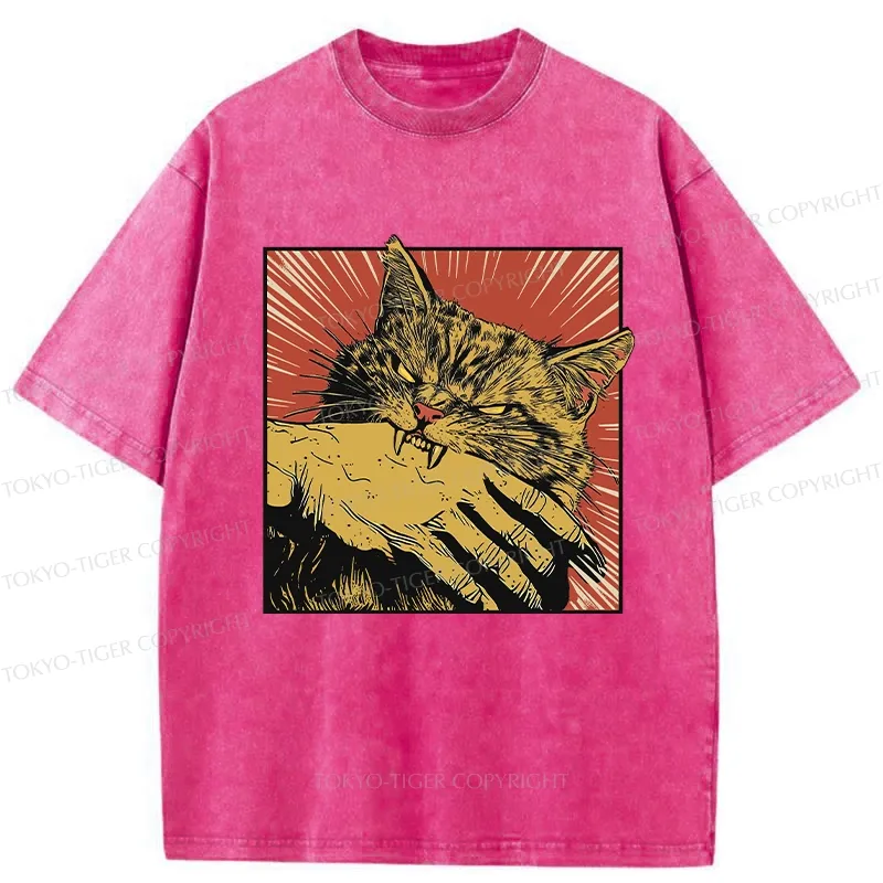 Tokyo-Tiger Cat Bites Hand Japanese Washed T-Shirt