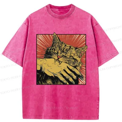 Tokyo-Tiger Cat Bites Hand Japanese Washed T-Shirt