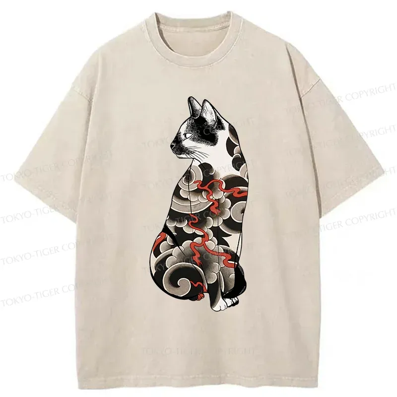Tokyo-Tiger Tattoo Cat Washed T-Shirt