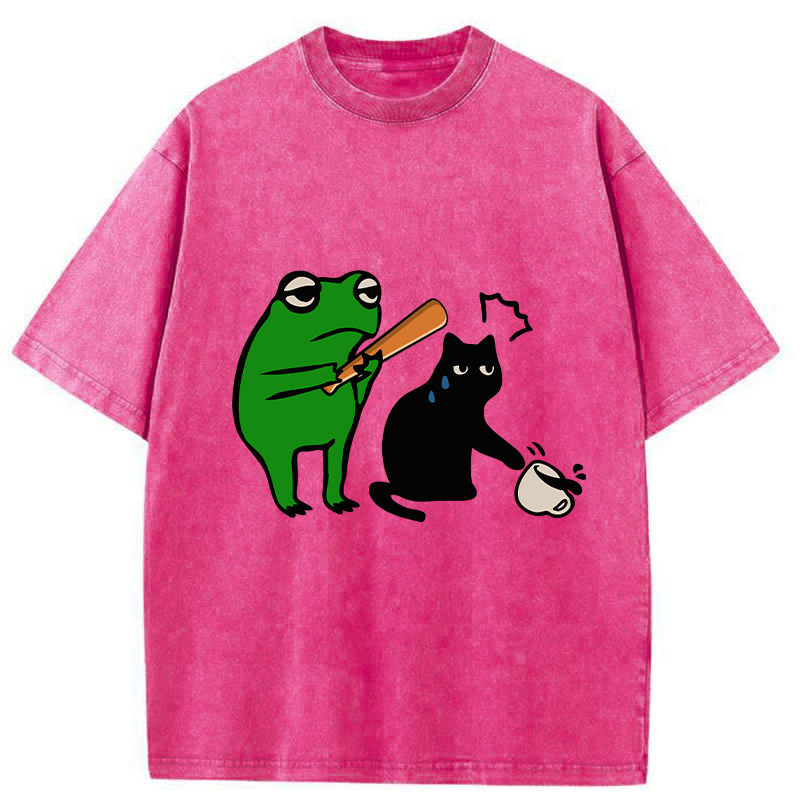 Tokyo-Tiger Funny Frog Hit The Cat Washed T-Shirt