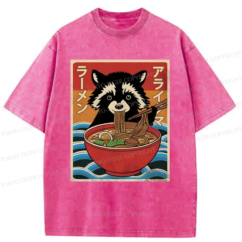 Tokyo-Tiger Raccoon Eating Ramen Washed T-Shirt