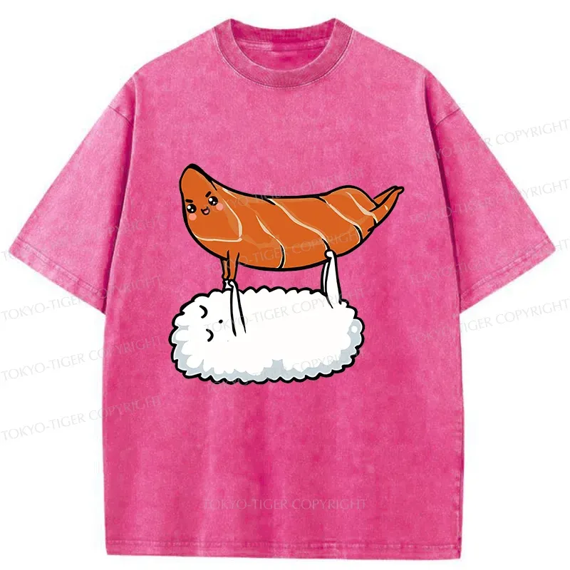 Tokyo-Tiger Sushi Doing Yoga Washed T-Shirt