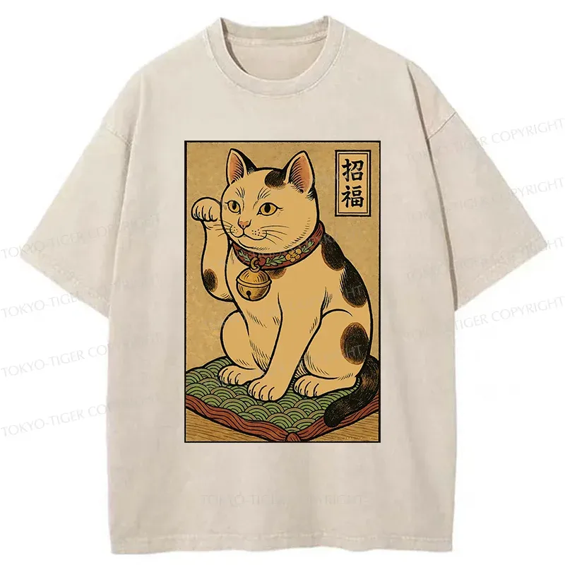 Tokyo-Tiger Retro Lucky Cat Washed T-Shirt