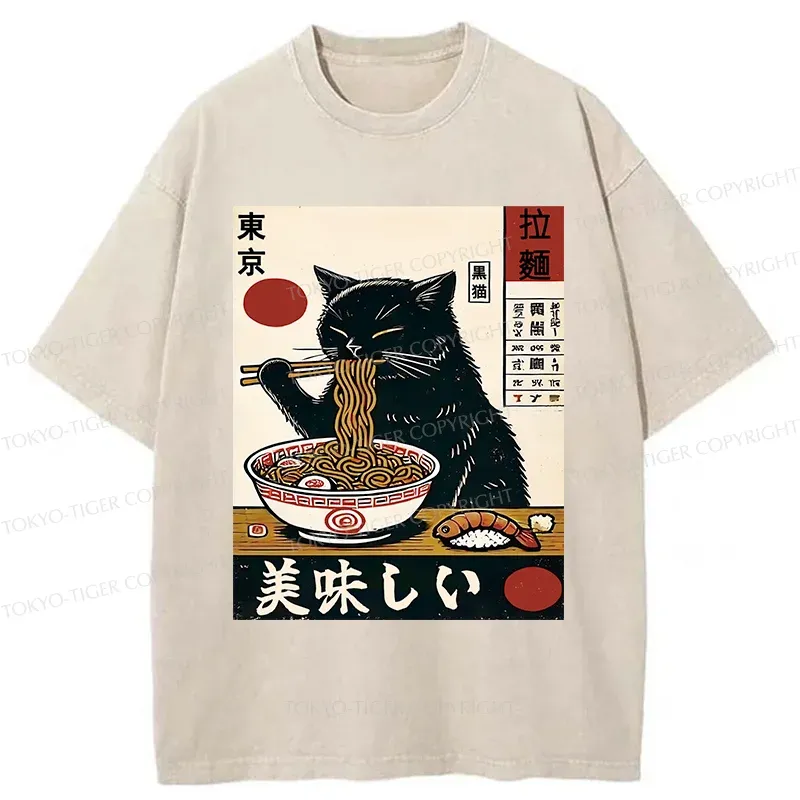 Tokyo-Tiger Black Cat Eating Japanese Ramen Washed T-Shirt