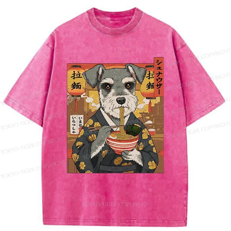 Tokyo-Tiger Schnauzer Eating Ramen Washed T-Shirt