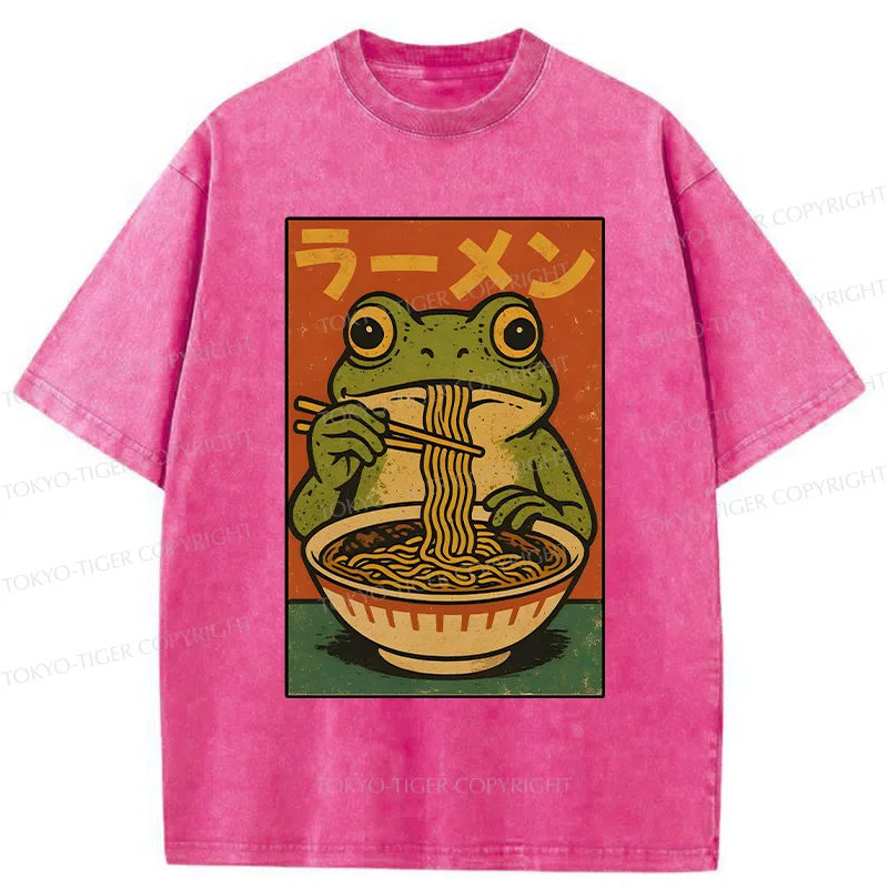 Tokyo-Tiger Frog Eating Ramen Retro Washed T-Shirt
