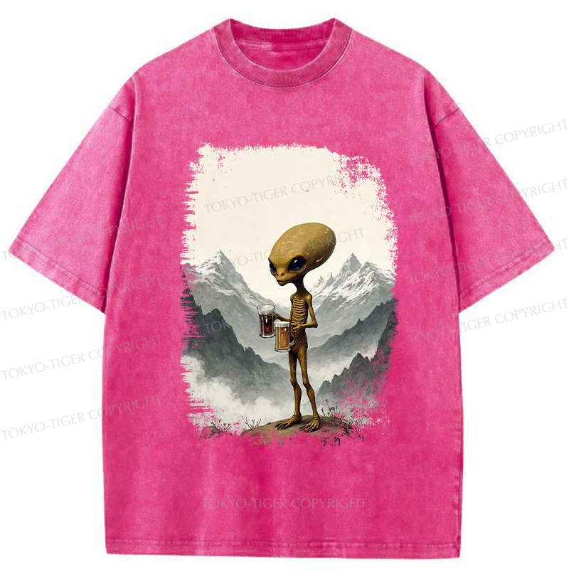Tokyo-Tiger Alien With Beer Funny Washed T-Shirt