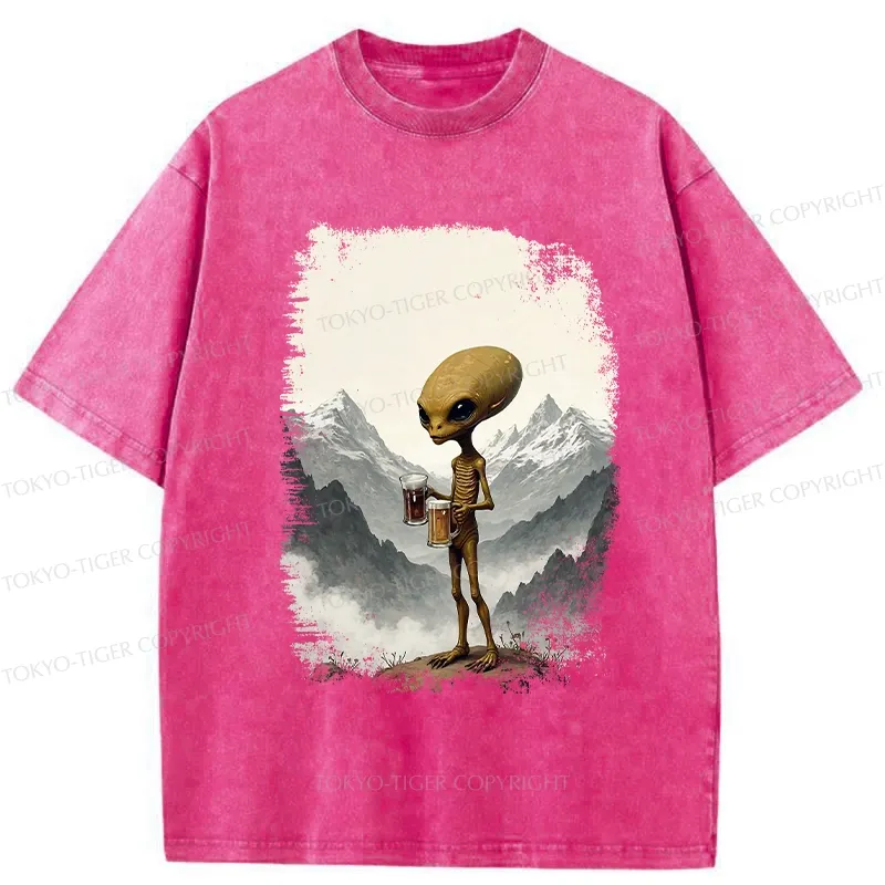Tokyo-Tiger Alien With Beer Funny Washed T-Shirt