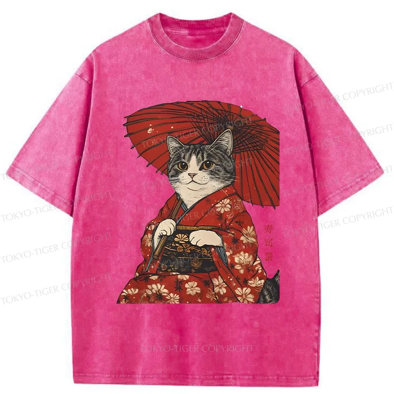 Tokyo-Tiger Japanese Cat Holding An Umbrella Washed T-Shirt