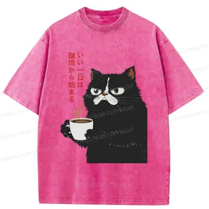 Tokyo-Tiger Black Cat Drinking Coffee Washed T-Shirt