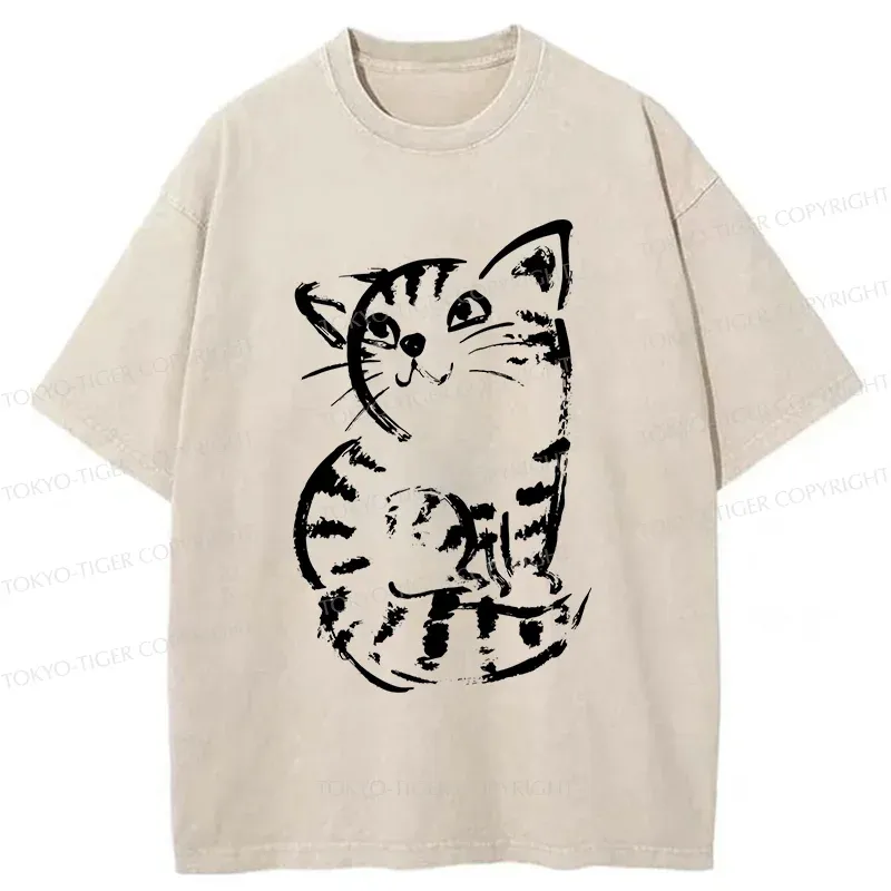 Tokyo-Tiger Retro Japanese Cat Washed T-Shirt