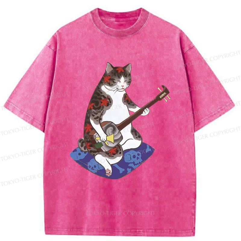 Tokyo-Tiger Cat Playing Shamisen Washed T-Shirt