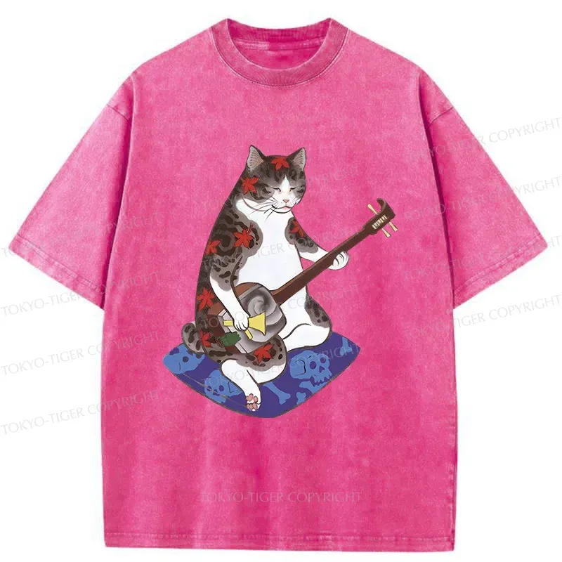 Tokyo-Tiger Cat Playing Shamisen Washed T-Shirt