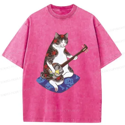 Tokyo-Tiger Cat Playing Shamisen Washed T-Shirt