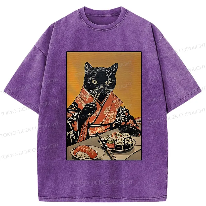 Tokyo-Tiger Sushi Lover Black Cat Washed T-Shirt