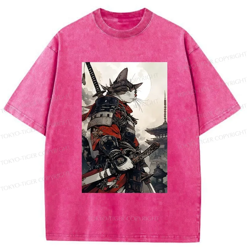 Tokyo-Tiger Majestic Samurai Cat Washed T-Shirt