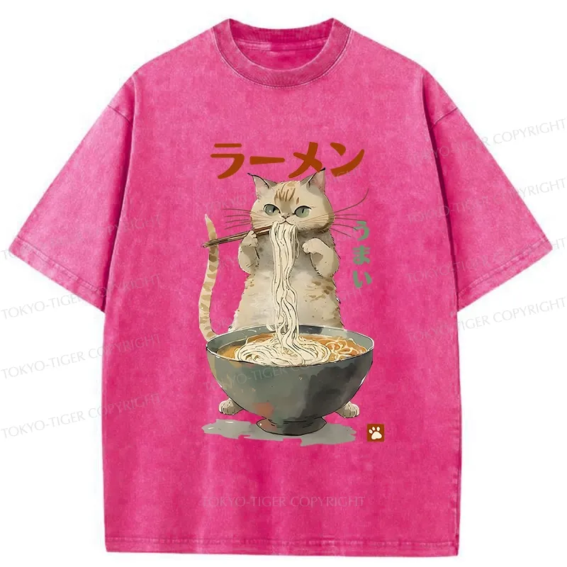 Tokyo-Tiger Cute Cat Eating Yummy Ramen Washed T-Shirt