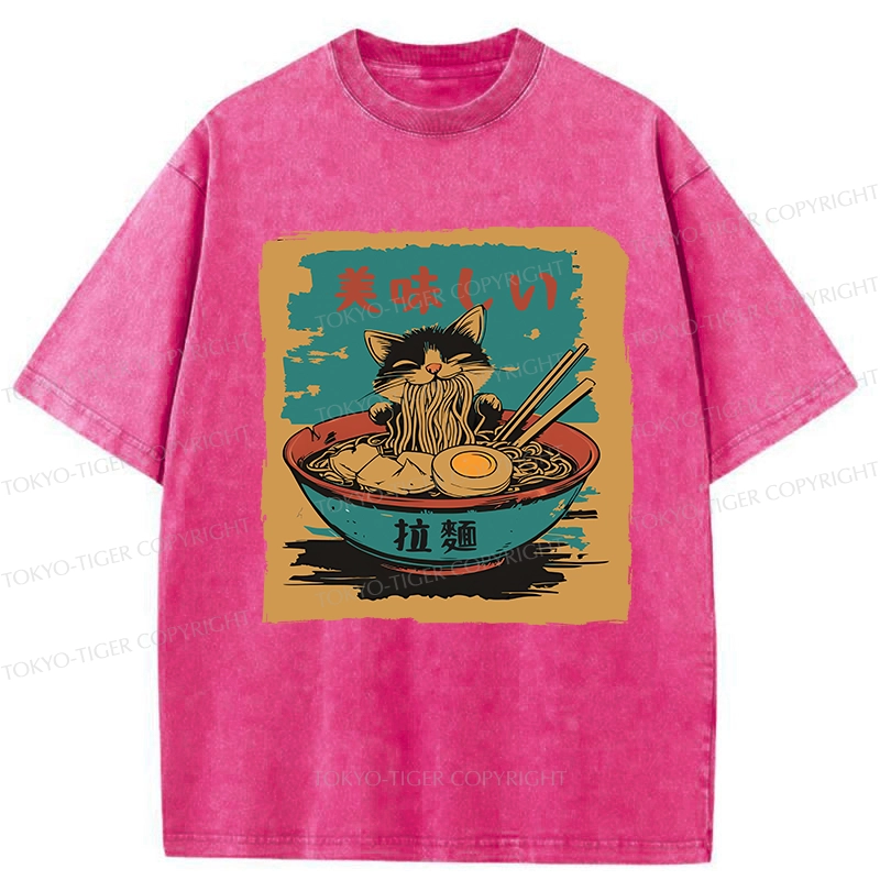 Tokyo-Tiger Kitten Eating Ramen Washed T-Shirt