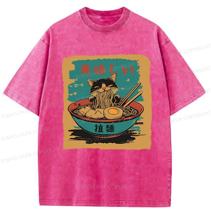 Tokyo-Tiger Kitten Eating Ramen Washed T-Shirt
