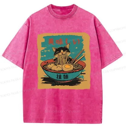 Tokyo-Tiger Kitten Eating Ramen Washed T-Shirt