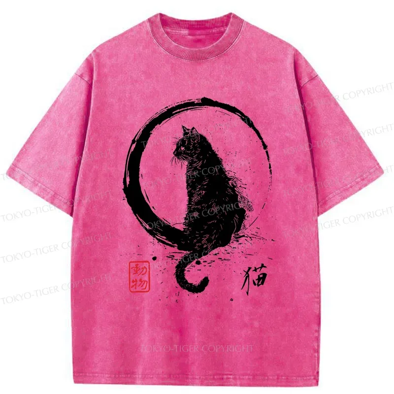 Tokyo-Tiger Retro Japanese Black Cat Washed T-Shirt