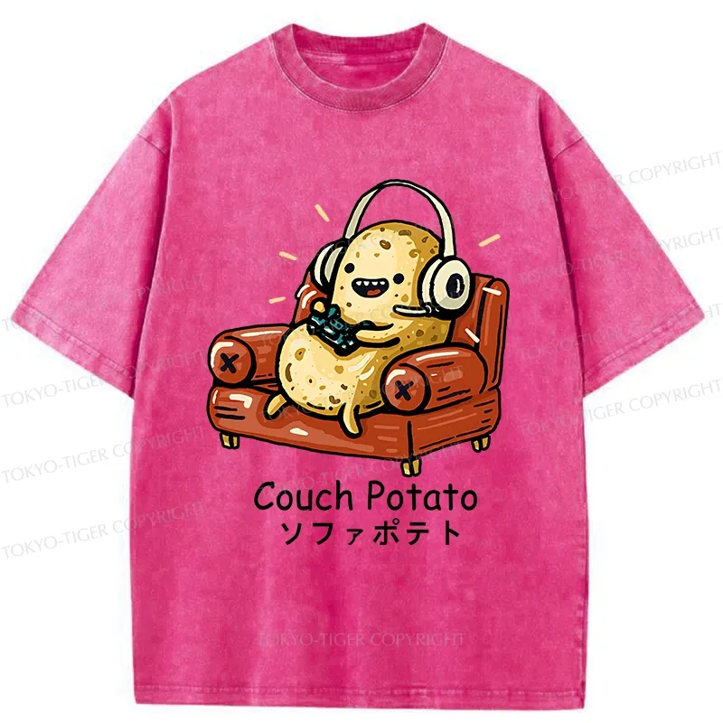 Tokyo-Tiger Funny Lazy Potato Washed T-Shirt