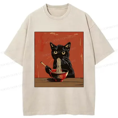 Tokyo-Tiger Japanese Black Cat Eating Ramen Washed T-Shirt
