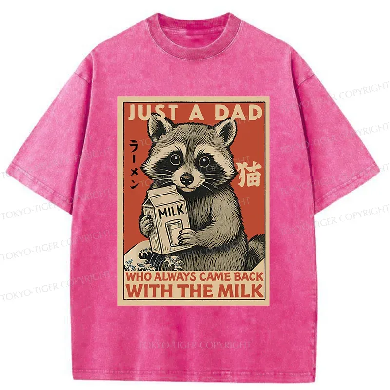 Tokyo-Tiger Cute Raccoon Holding Milk Washed T-Shirt