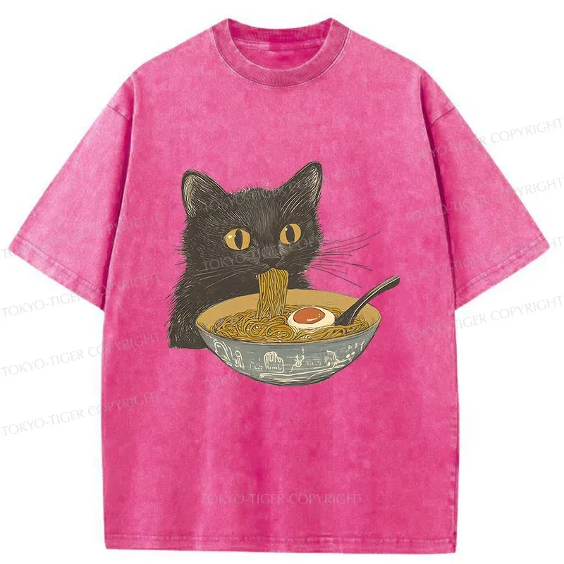 Tokyo-Tiger Cat Eating Tonkotsu Ramen Washed T-Shirt