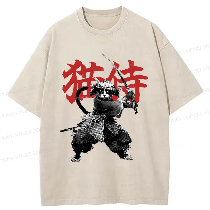Tokyo-Tiger Black Cat Samurai Washed T-Shirt