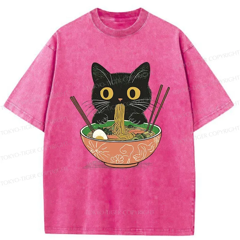 Tokyo-Tiger Black Cat Steals Ramen Washed T-Shirt