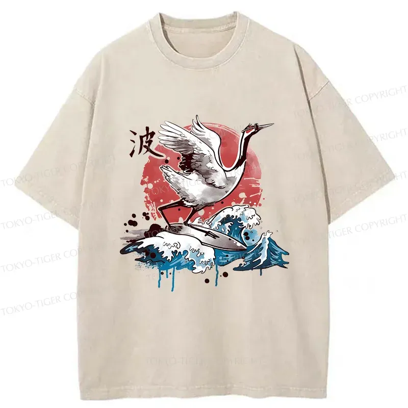Tokyo-Tiger Crane Surfing Washed T-Shirt