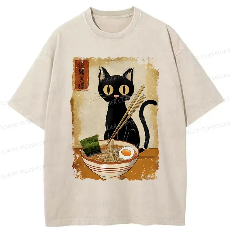 Tokyo-Tiger Cat Eating Ramen Retro Washed T-Shirt