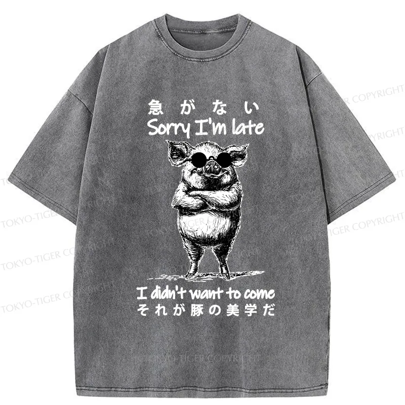 Tokyo-Tiger Funny Late Pig Washed T-Shirt
