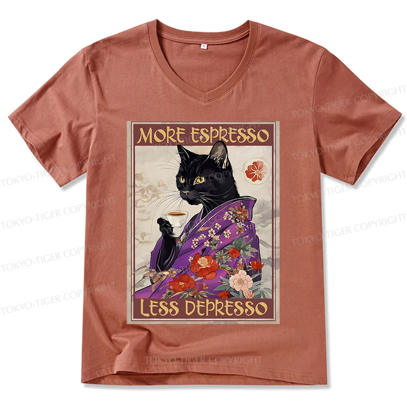 Tokyo-Tiger Japanese Cat Drinking Coffee V-Neck Classic T-Shirt