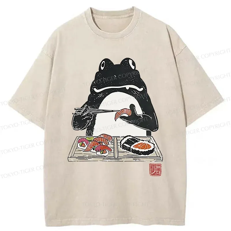 Tokyo-Tiger Frog Eating Sushi Washed T-Shirt