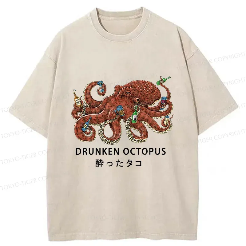Tokyo-Tiger Drinking Octopus Washed T-Shirt