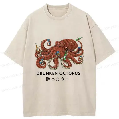 Tokyo-Tiger Drinking Octopus Washed T-Shirt