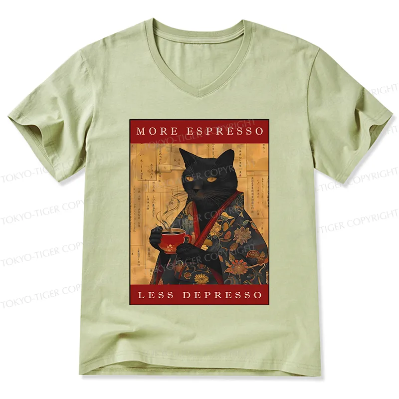 Tokyo-Tiger More Espresso Less Depresso Cat V-Neck Classic T-Shirt Sale