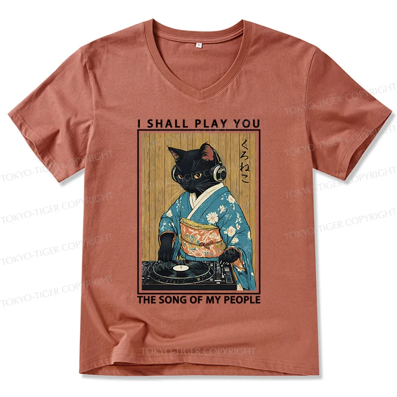 Tokyo-Tiger Funny Playing Music Black Cat V-Neck Classic T-Shirt