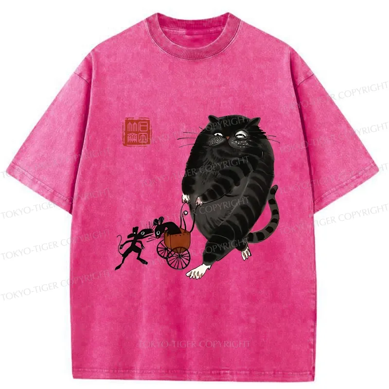 Tokyo-Tiger Funny Cat Pushing Mouse In Cart Washed T-Shirt
