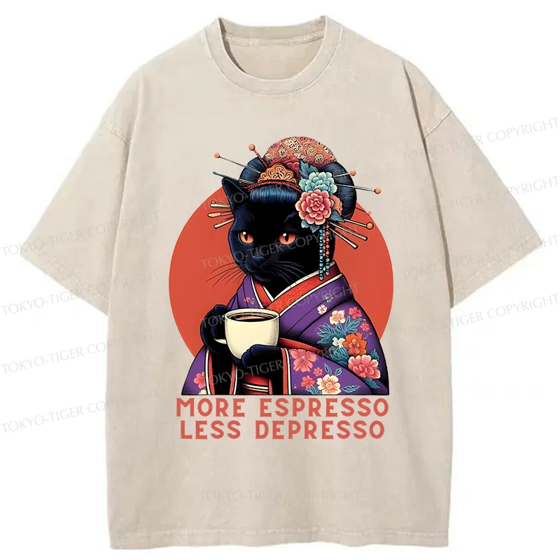 Tokyo-Tiger Black Cat Geisha Drinking Coffee Washed T-Shirt