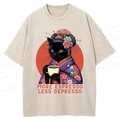 Tokyo-Tiger Black Cat Geisha Drinking Coffee Washed T-Shirt