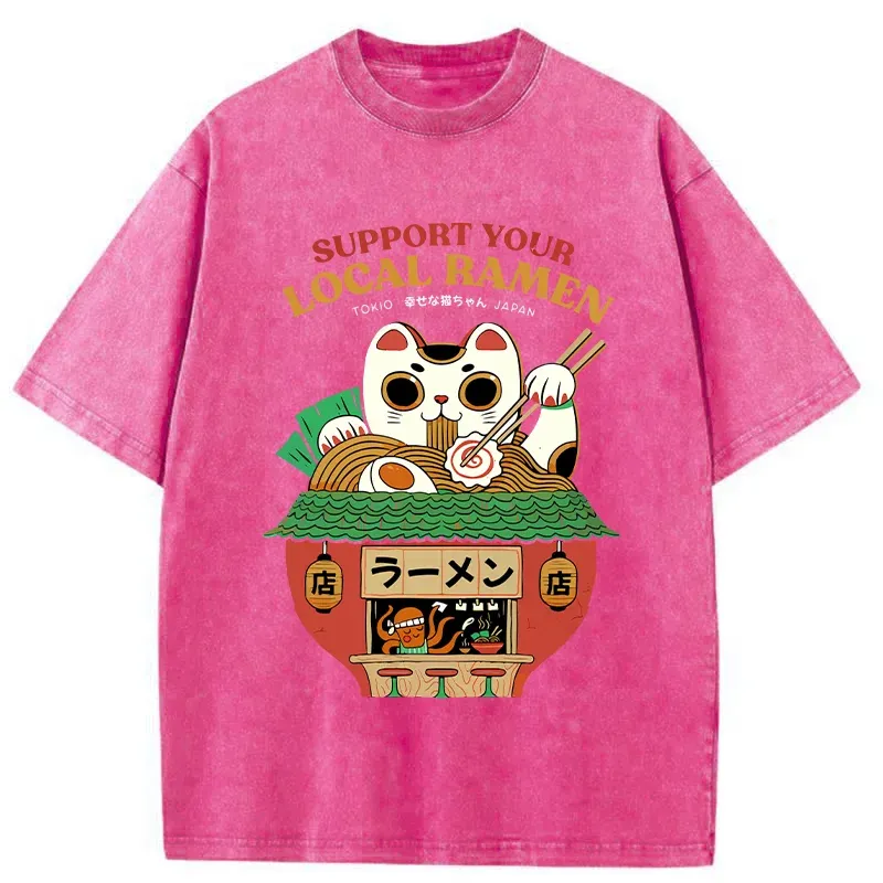 Tokyo-Tiger Lucky Cat Eating Ramen Mic Washed T-Shirt