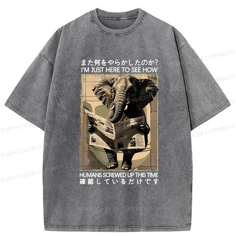 Tokyo-Tiger Funny Elephant Reading Newspaper Washed T-Shirt