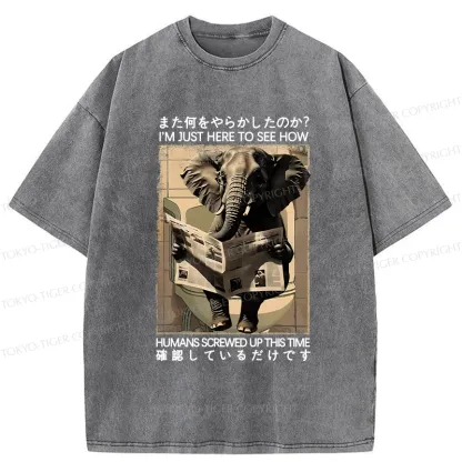 Tokyo-Tiger Funny Elephant Reading Newspaper Washed T-Shirt
