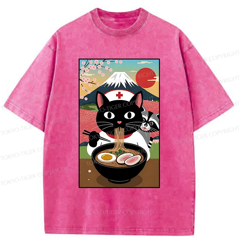 Tokyo-Tiger Nurse Cat Eating Ramen Washed T-Shirt