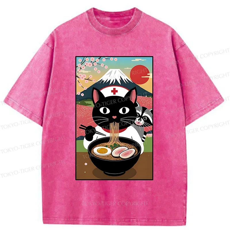 Tokyo-Tiger Nurse Cat Eating Ramen Washed T-Shirt