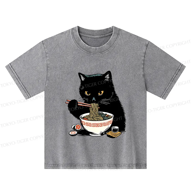 Tokyo-Tiger Cat Eating Favorite Ramen Kids Washed T-Shirt